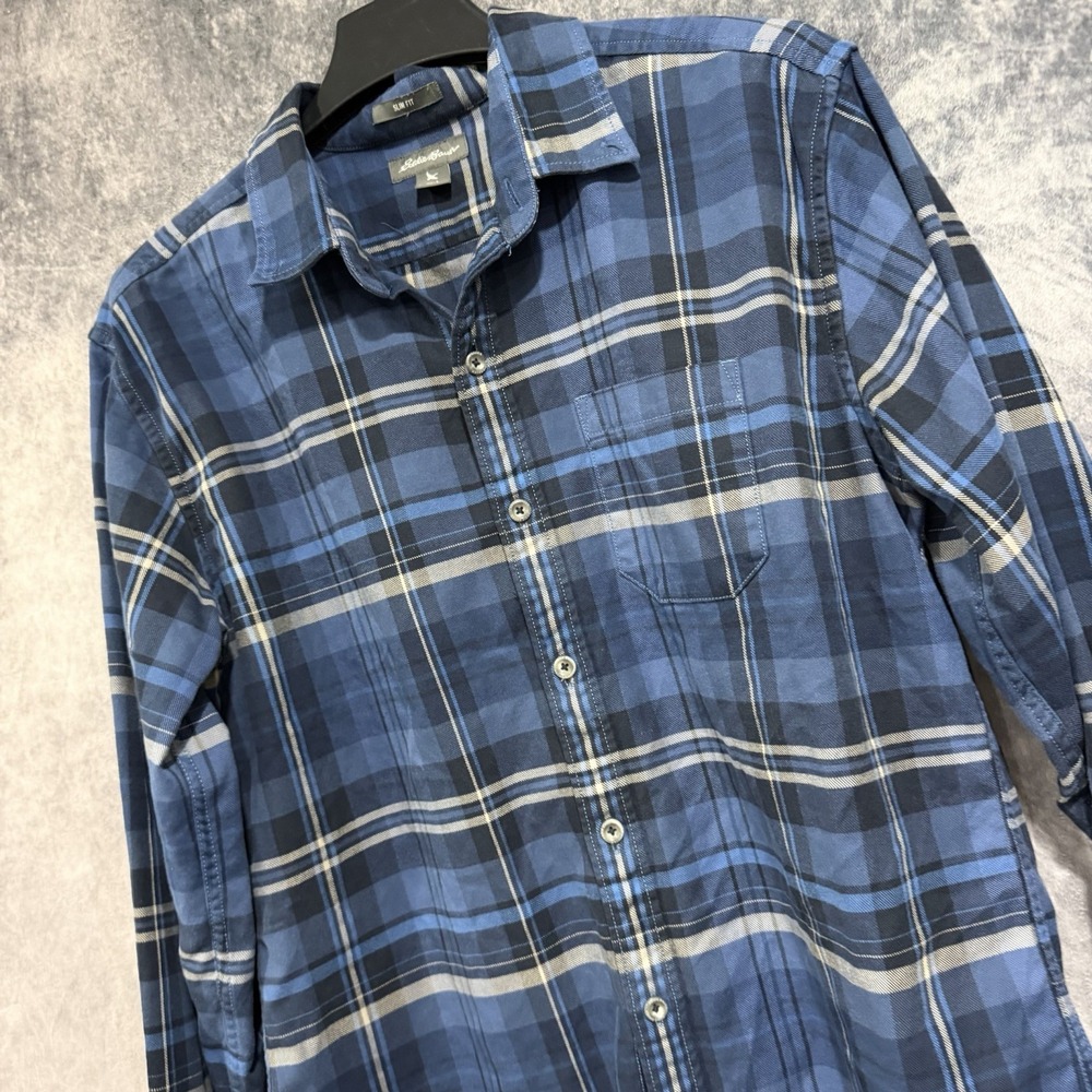 Eddie Bauer Men's Slim Fit Blue Plaid Flannel Cotton Shirt Casual Work Outdoor L